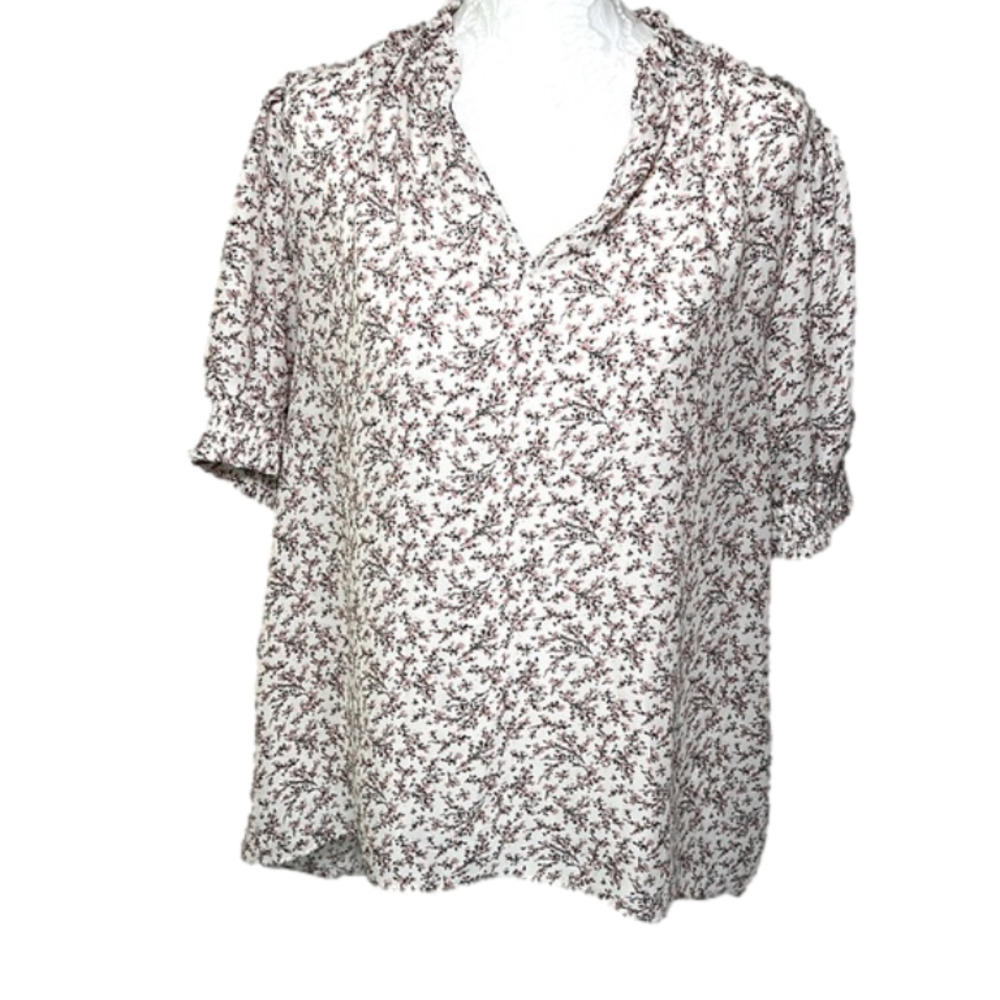 EVERLEIGH Split Neck Peasant Cherry Blossom Floral Top Blouse - Size Medium